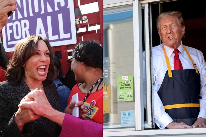 (Left) Kamala Harris attends a pro-union march in Los Angeles on October 2, 2019; (Right) Donald Trump visited a McDonald's restaurant in Feasterville-Trevose, Pa., on October 20, 2024.