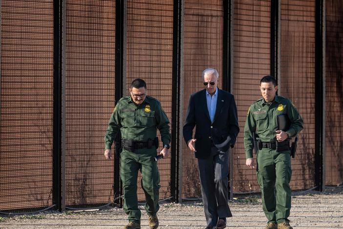 President Joe Biden speaks with US Customs and Border Protection officers as he visits the US-Mexico border in El Paso, Texas, on January 8, 2023.