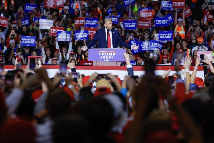 Former President Donald Trump speaks at a campaign rally at the Fiserv Forum, the same place that hosted last summer's Republican National Convention in Milwaukee on Friday.