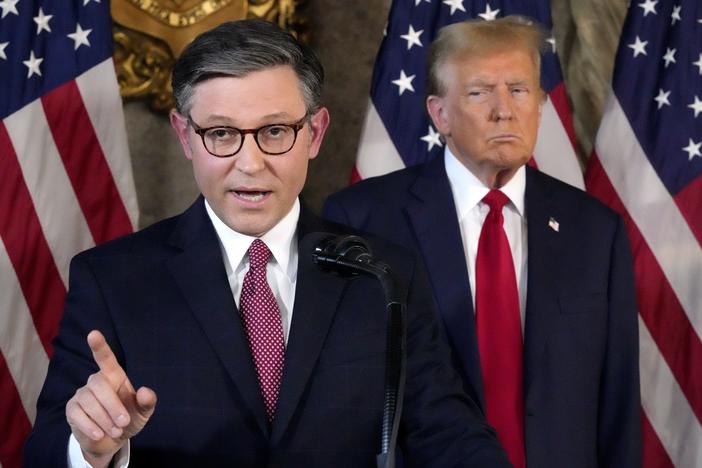Speaker of the House Mike Johnson, R-La., speaks as former President Donald Trump listens during a news conference, April 12, 2024, at Mar-a-Lago in Palm Beach, Fla. Johnson promised recently that if they gain control in Congress, Republicans' agenda includes "massive reform" of the Affordable Care Act.