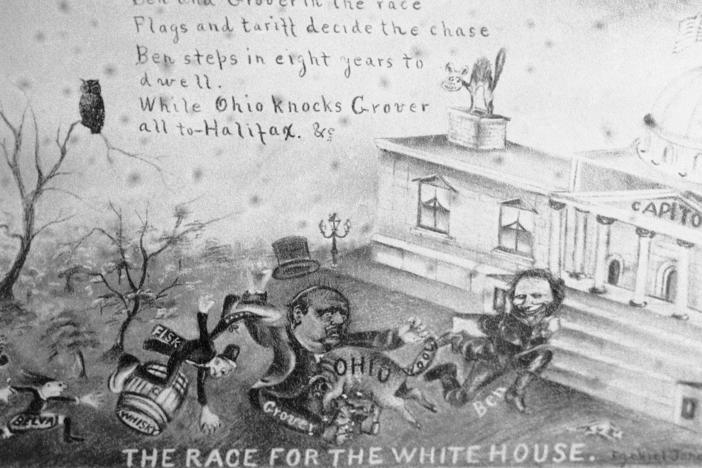 This cartoon illustrates the campaign of 1888 when Republican Benjamin Harrison and Democrat Grover Cleveland were the candidates.