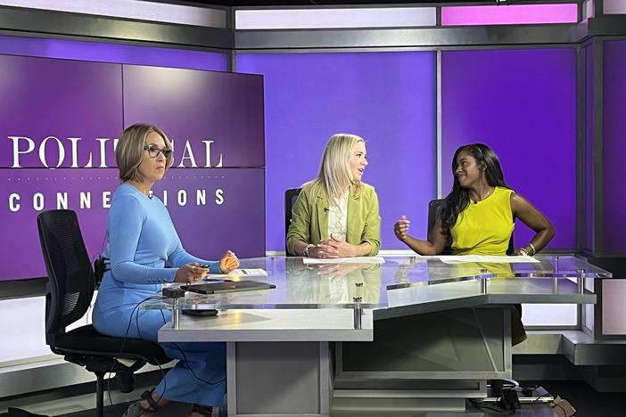 Amanda Zurawski (middle) and Kaitlyn Joshua (right) have been sharing their personal stories of being denied abortion care. While campaigning for Democrats as part of the Reproductive Freedom bus tour, they appeared on the Aug. 14 show Political Connections with host Ybeth Bruzual (left) in Orlando, FL.