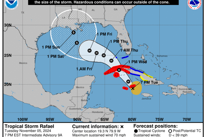 The National Hurricane Center says Rafael has strengthened into a hurricane as it approaches the Cayman Islands. The storm will move across Cuba and enter the Gulf of Mexico as a hurricane.