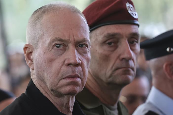 Israeli Defense Minister Yoav Gallant (left) and Chief of the General Staff Lt. Gen. Herzi Halevi attend a ceremony marking the Hebrew calendar anniversary of the Hamas attack on Oct. 7 last year that sparked the ongoing war in Gaza, at the Mount Herzl military cemetery in Jerusalem, on Oct. 27, 2024.