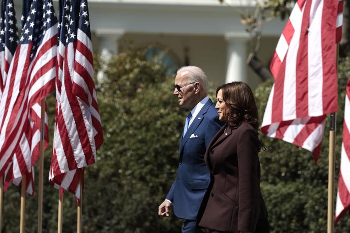President Joe Biden and Vice President Harris arrive for an event celebrating Judge Ketanji Brown Jackson's confirmation to the Supreme Court on the South Lawn of the White House in 2022.
