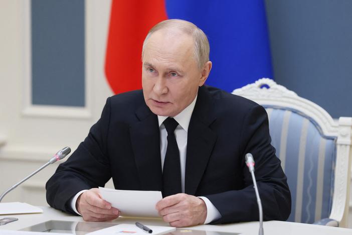Russia's President Vladimir Putin holds an exercise of the strategic deterrence forces via a videolink at the Kremlin in Moscow on Oct. 29.