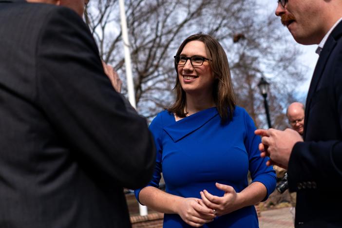 Sarah McBride on the campaign trail in March.