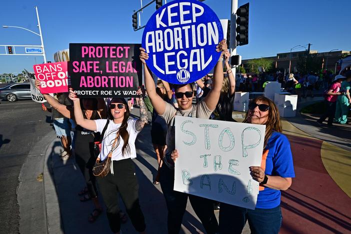 Pro-abortion rights demonstrators rally in Scottsdale, Arizona on April 15, 2024. The top court in Arizona on April 9, 2024 ruled a 160-year-old near total ban on abortion is enforceable, thrusting the issue to the top of the agenda in a key US presidential election swing state.