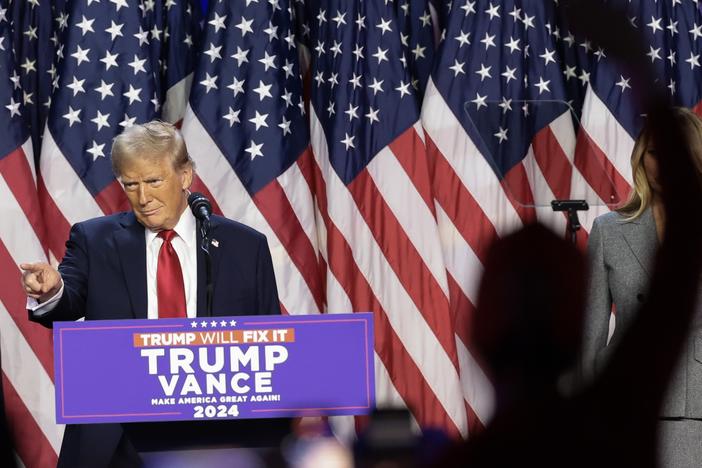 Republican presidential nominee, former U.S. President Donald Trump arrives to speak during an election night event at the Palm Beach Convention Center on November 06, 2024 in West Palm Beach, Florida.