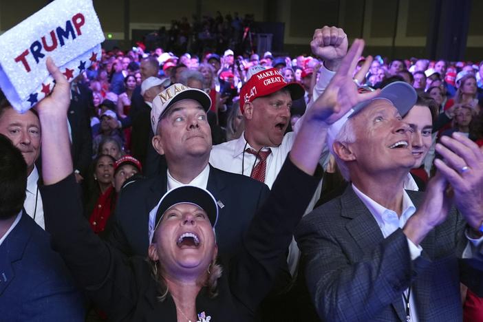 Supporters watch returns at a campaign election night watch party for Republican presidential nominee former President Donald Trump at the Palm Beach Convention Center.