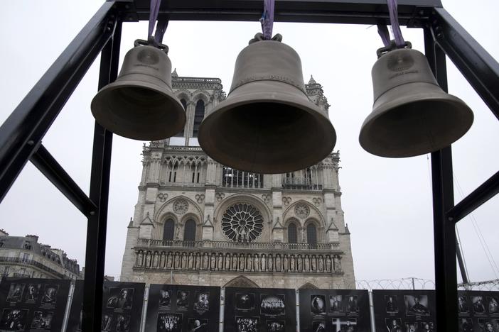 A bell, center, that Olympic medalists rang at the Paris Games, is seen before being installed in Notre Dame Cathedral, ahead of the monument's grandiose reopening following a massive fire and five-year reconstruction effort, Thursday, Nov. 7, 2024 in Paris.