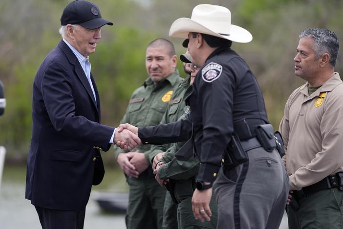 President Joe Biden is shown speaking with the U.S. Border Patrol and local officials, as he looks over the southern border, Feb. 29, 2024, in Brownsville, Texas, along the Rio Grande.
