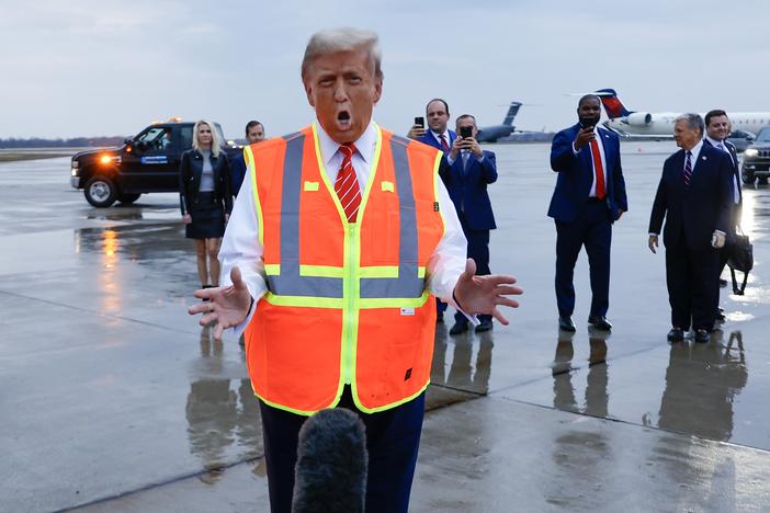 Donald Trump speaks to the media at Green Bay Austin Straubel International Airport in Green Bay, Wis., on Oct. 30, 2024.