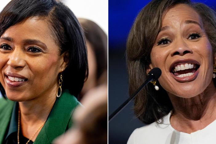 Left: Maryland Democratic Senate candidate Angela Alsobrooks speaks following a campaign stop on Oct. 22, in Kettering, Md. Right: Democratic Delaware Senate candidate state Rep. Lisa Blunt Rochester speaks during an election night watch party.