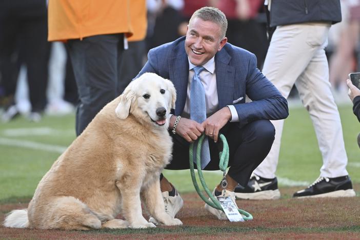 ESPN's Kirk Herbstreit and his dog Ben watch players warm up before the start of an NCAA college football game between Tennessee and Arkansas on Oct. 5 in Fayetteville, Ark.