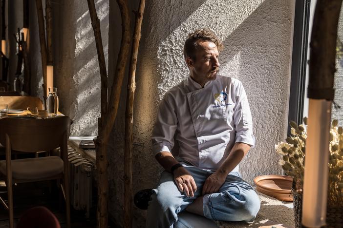 Yevhen Klopotenko, 37, Ukrainian chef and restaurateur, poses for a portrait in his restaurant 100 rokiv tomu vpered in Kyiv, Ukraine, on Aug. 14.