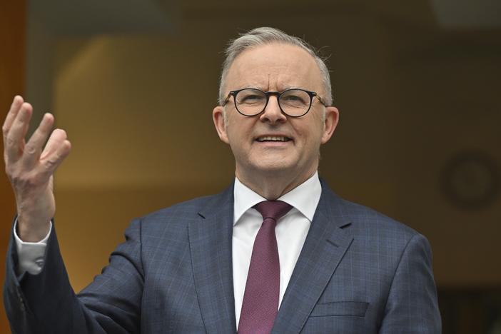 Australian Prime Minister Anthony Albanese discusses legislation that would male 16 years as a minimum age for children to use social media at a press conference in Canberra, Thursday, Nov. 7, 2024.
