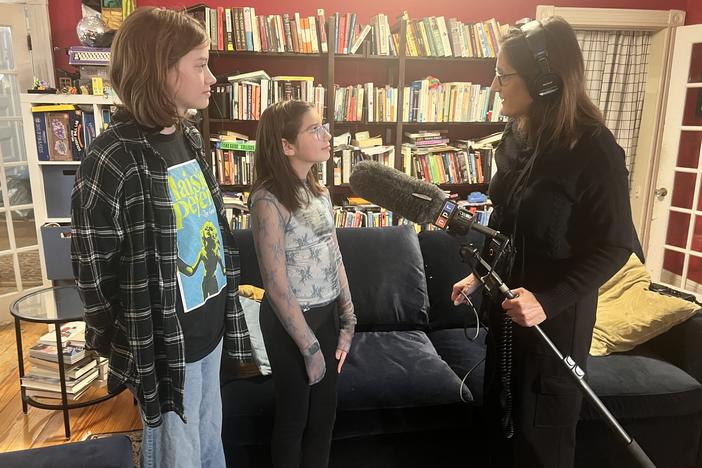 Jules Randell, 15, and little sister Bee, 12, talk with NPR correspondent Tovia Smith at their home in a Boston suburb days after Vice President Harris lost her bid to become the first female U.S. president.