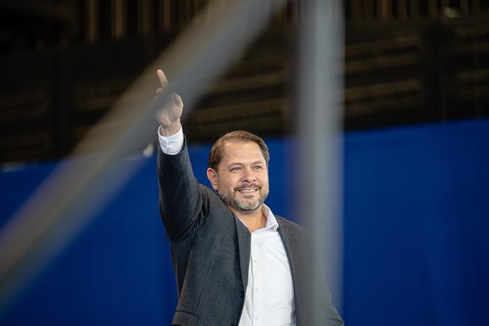 Democrat Ruben Gallego, seen here at a campaign rally for Vice President Kamala Harris on Oct. 31, defeated Kari Lake, a Republican, in the Arizona Senate race, according to a race call by the AP.