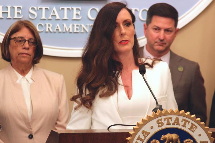 Victoria Burke discusses proposed protections for victims of assault and abuse during a 2023 news conference in California.