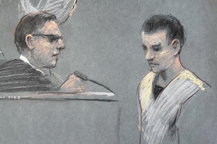 This artist depiction shows Massachusetts Air National Guardsman Jack Teixeira (right) appearing in U.S. District Court in Boston on April 14, 2023.