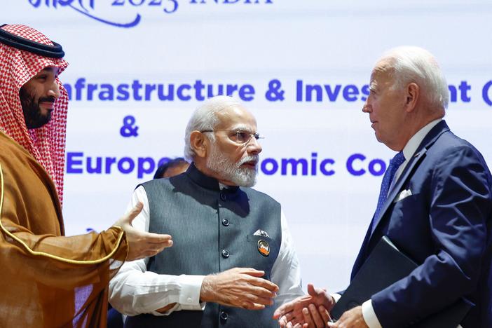 In this file photo from last year's G20 meeting in New Delhi on Sept. 9, 2023, President Biden speaks with Saudi Crown Prince Mohammed bin Salman and India's Prime Minister Narendra Modi