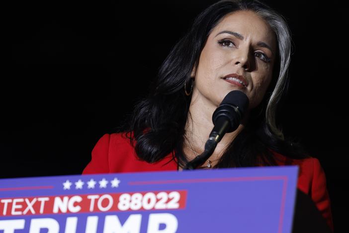 Former U.S. Rep. from Hawaii Tulsi Gabbard speaks during a rally for former President Donald Trump on Oct. 22 in Greensboro, N.C.