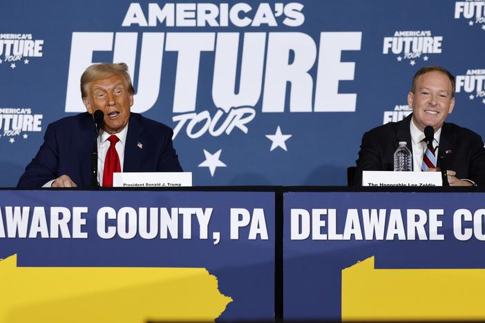Then-candidate Donald Trump participates in a roundtable discussion with former Republican U.S. Representative from New York, Lee Zeldin, in the battleground state of Pennsylvania just days before voting ended.