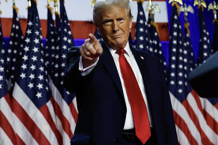 Republican presidential nominee, former U.S. President Donald Trump arrives to speak during an election night event at the Palm Beach Convention Center on Nov. 6, in West Palm Beach, Fla.