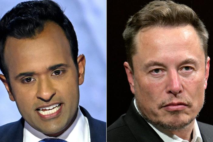 (COMBO) This combination of pictures created on November 12, 2024 shows Vivek Ramaswamy (L)  and Tesla and SpaceX CEO Elon Musk (R). President-elect Donald Trump on November said Musk will lead a so-called Department of Government Efficiency alongside American entrepreneur Ramaswamy.