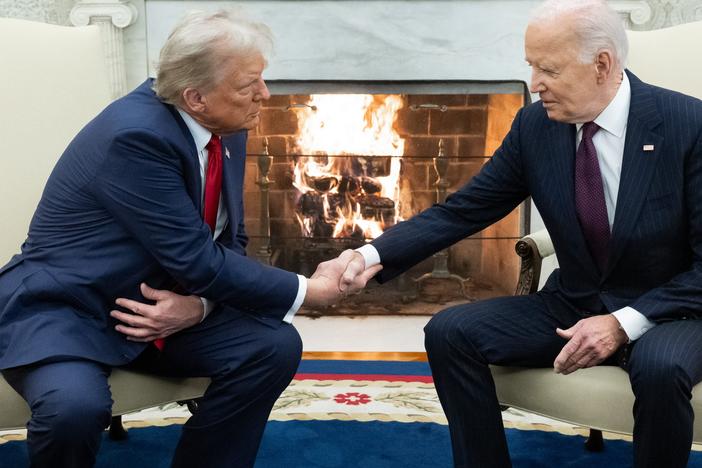 President Biden shakes hands with President-elect Donald Trump during a meeting in the Oval Office on Nov. 13, 2024.