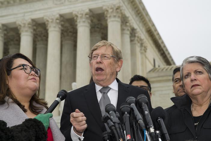 Former U.S. Solicitor General Ted Olson speaks, with DACA recipient Greisa Martinez Rosa, left, and former Secretary of Homeland Security Janet Napolitano, right, after leaving the Supreme Court after oral arguments were heard in the case of President Trump's decision to end the Obama-era, Deferred Action for Childhood Arrivals program on Nov. 12, 2019.