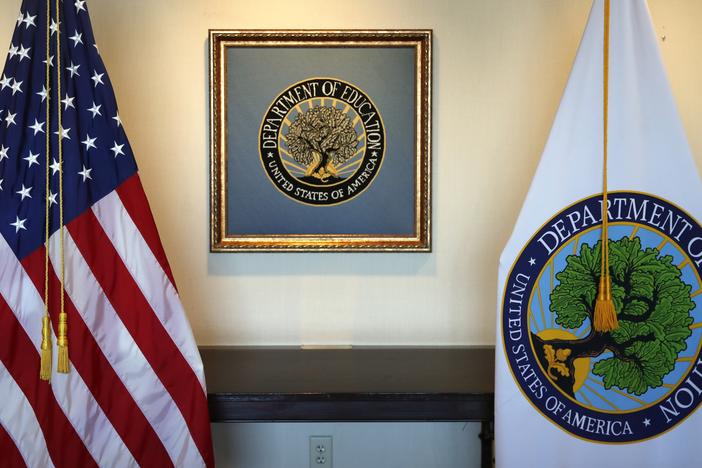 Flags decorate a space at the Education Department in Washington.