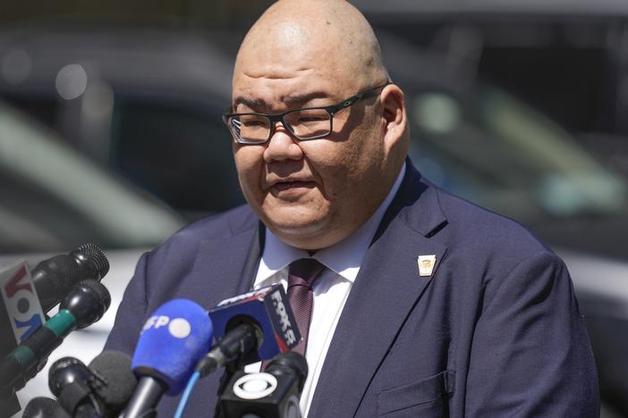 Former President Donald Trump's campaign spokesman Steven Cheung speaks to reporters across the street from Trump's criminal trial in New York, on May 28.