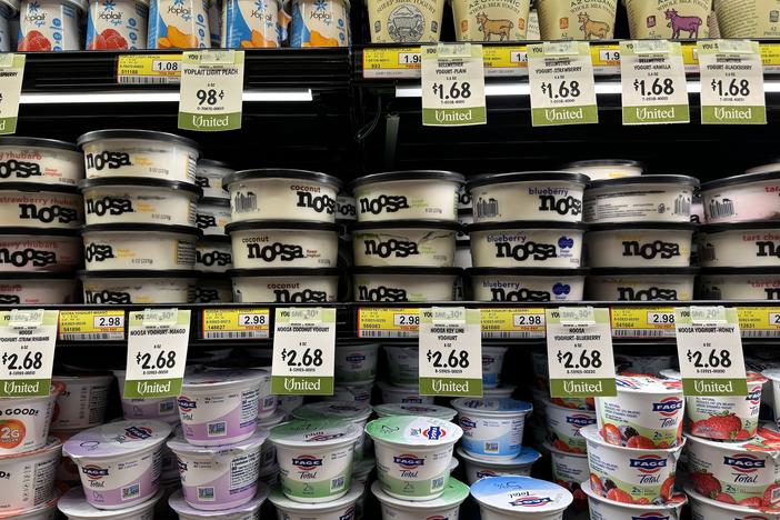 Grocery prices aren't rising as fast anymore, but Americans are still dealing with high prices. Seen here are dairy items for sale in San Rafael, Calif., in September.