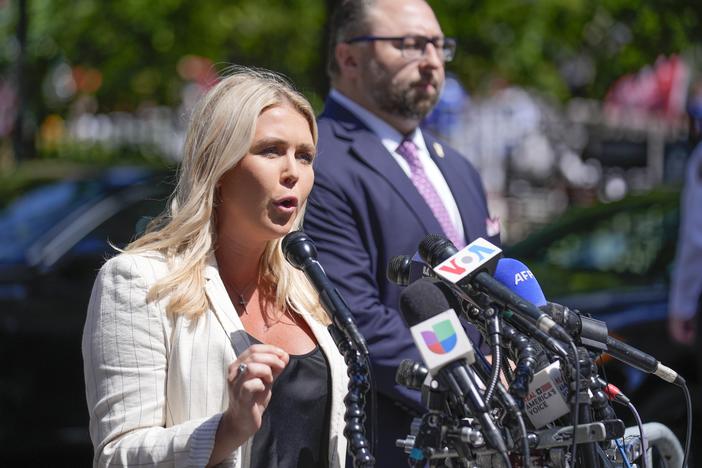 Karoline Leavitt, former President Donald Trump's campaign press secretary, speaks to reporters across the street from Trump's criminal trial in New York on May 28. Leavitt will be the youngest person to ever hold the job of top White House spokesperson.