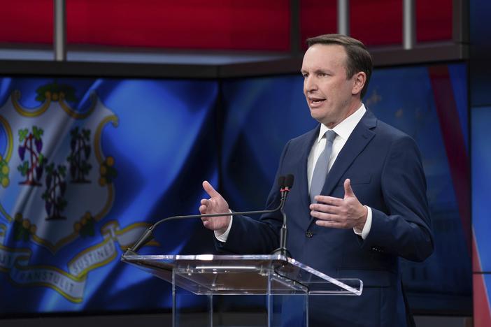 Democratic Sen. Chris Murphy speaks during a debate on Wednesday, Oct. 30, 2024, in New Haven, Conn.