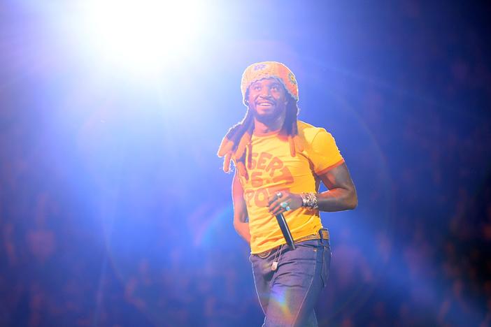 Shaboozey, seen here performing in Las Vegas on Sept. 20, now holds the record for the longest-running No. 1 song on <em>Billboard</em>'s Hot 100 chart in the 2020s. His "A Bar Song (Tipsy)" has held the top spot on the singles chart for 17 weeks this year.