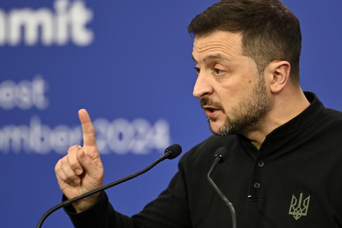 Ukraine's President Volodymyr Zelenskyy speaks during a press conference during the European Political Community (EPC) Summit at the Puskas Arena in Budapest , Hungary on Nov. 7, 2024.