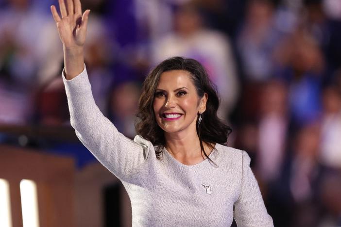Michigan Governor Gretchen Whitmer waves from the stage on the fourth and last day of the Democratic National Convention (DNC) at the United Center in Chicago, Illinois, on August 22, 2024.