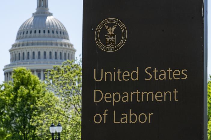 The entrance to the Labor Department is seen near the Capitol in Washington, Thursday, May 7, 2020.