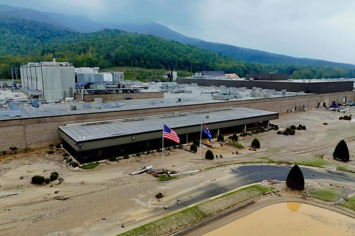 Footage from Sept. 28 shows sand and debris left after flooding shut down operations at Baxter International's facility in Marion, N.C. The plant is the largest manufacturer of intravenous and peritoneal dialysis solutions in the United States.
