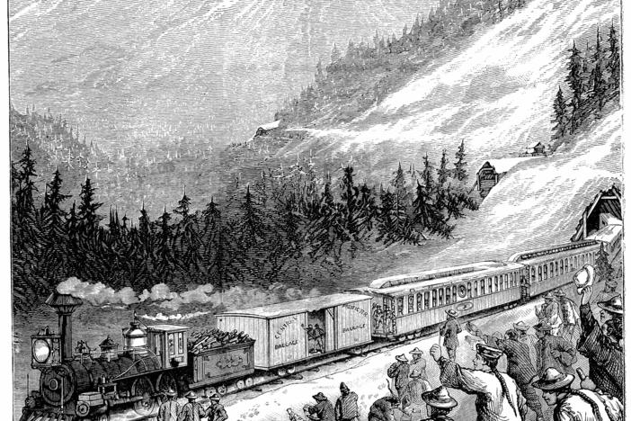 Illustration depicting Chinese laborers clearing snow on the Pacific Railroad in the Sierra Nevada mountains. Dated 19th century.