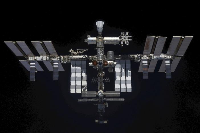 In this handout photo released by Roscosmos Space Agency Press Service, a view of the International Space Station taken on Mar. 30, 2022 by crew of Russian Soyuz MS-19 space ship after undocking from the Station.