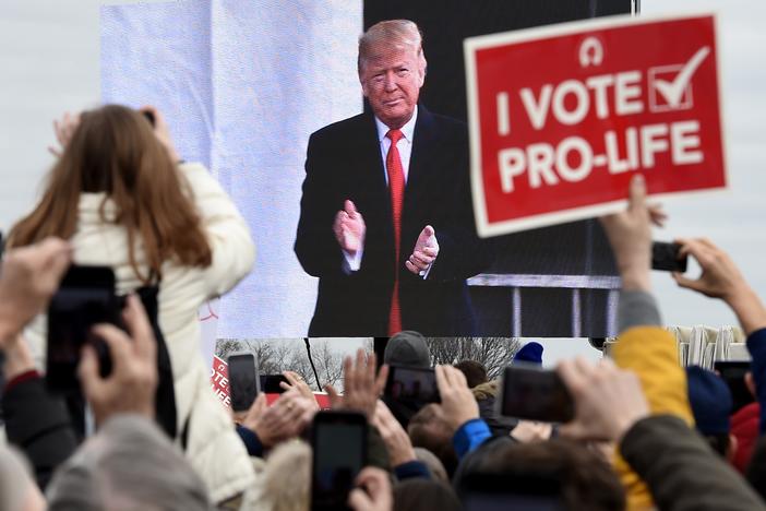 Then-President Donald Trump addresses the 47th annual "March for Life" in Washington, D.C., on Jan. 24, 2020. He was the first president to address in person the country's biggest annual gathering of anti-abortion campaigners.