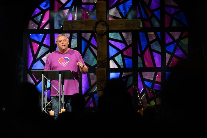 Pastor Chris Morgan leads a contemporary service — a worship service where people dress casually and sing modern music — at Christ United Methodist Church in Bethel Park, Pa., on the Sunday after Election Day. The church developed a sermon series called "Do Unto Others" to help parishioners navigate political divisions after the election.