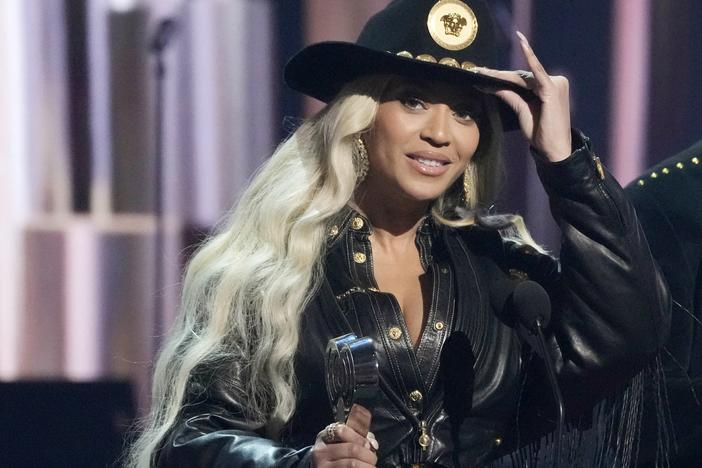 Beyoncé (left) accepts the Innovator Award during the iHeartRadio Music Awards on April 1, 2024, at the Dolby Theatre in Los Angeles.