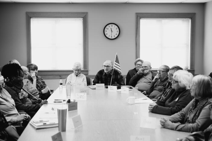 Residents of Port Angeles, Wash., fill a room in the Port Angeles Senior & Community Center on Oct. 10 for a weekly political discussion where they talk about national and local government.