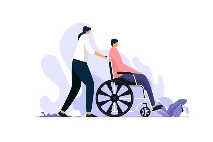 Young girl assisting a senior man in a wheelchair at park, Support, Help and Assistance, World Disability Day