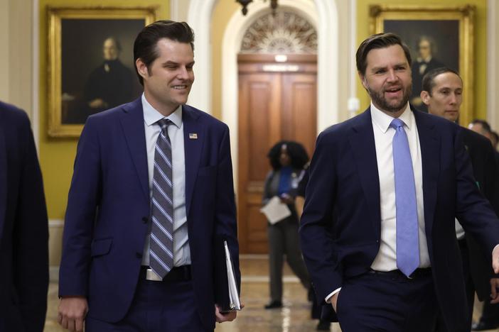 Former U.S. Rep. Matt Gaetz, who President-elect Donald Trump had nominated to be attorney general, walks alongside Vice President-elect JD Vance as they arrive for meetings with senators at the U.S. Capitol on Nov. 20, 2024 in Washington, DC.